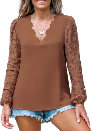 CUPSHE Women Floral Lace Scalloped Top Long Sleeve Shirts V Neck Blouses