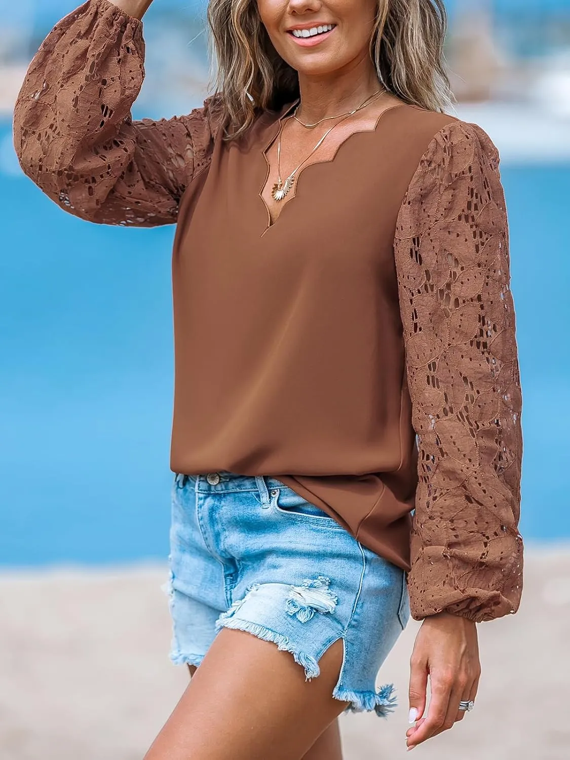 CUPSHE Women Floral Lace Scalloped Top Long Sleeve Shirts V Neck Blouses