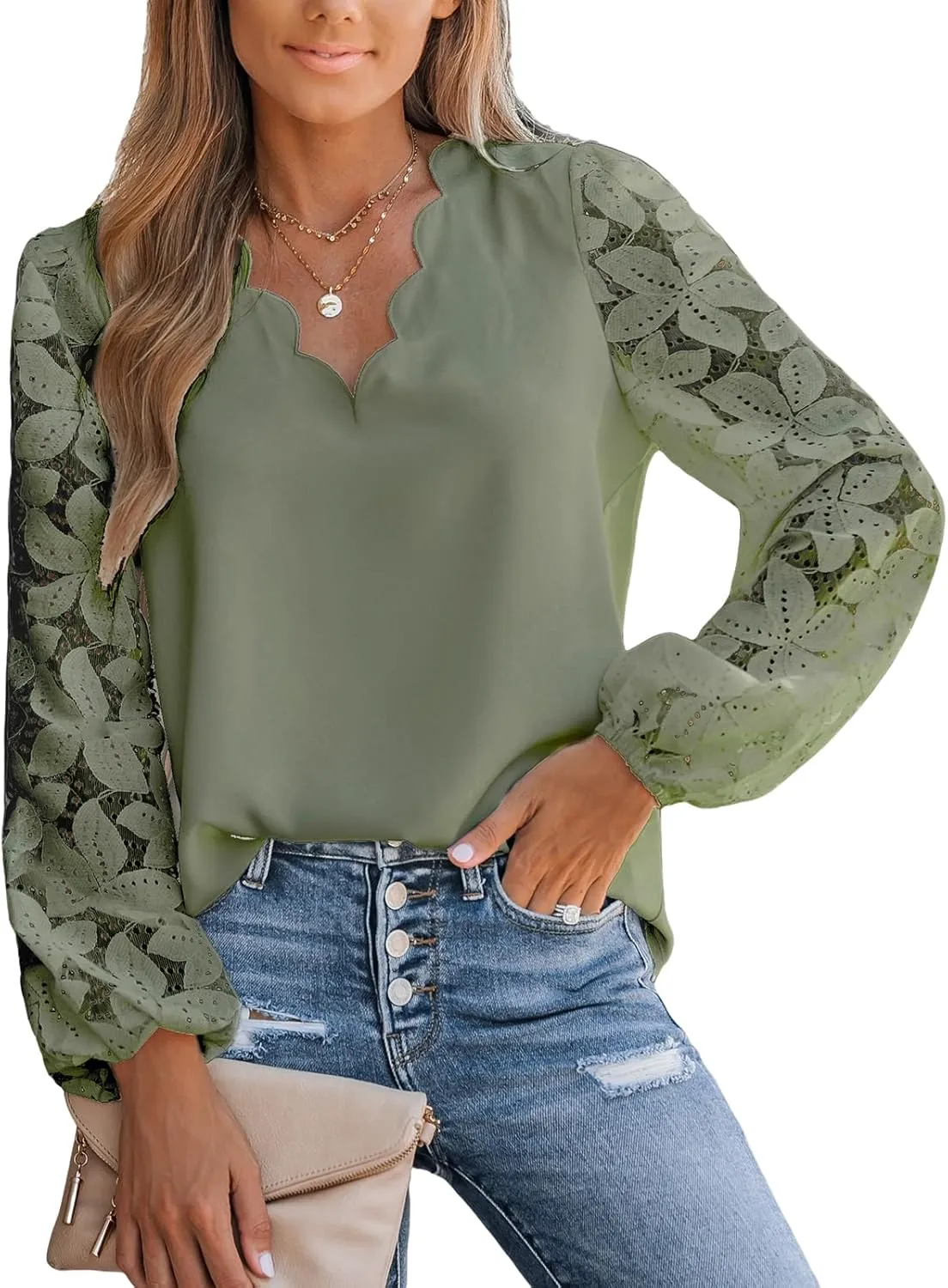 CUPSHE Women Floral Lace Scalloped Top Long Sleeve Shirts V Neck Blouses
