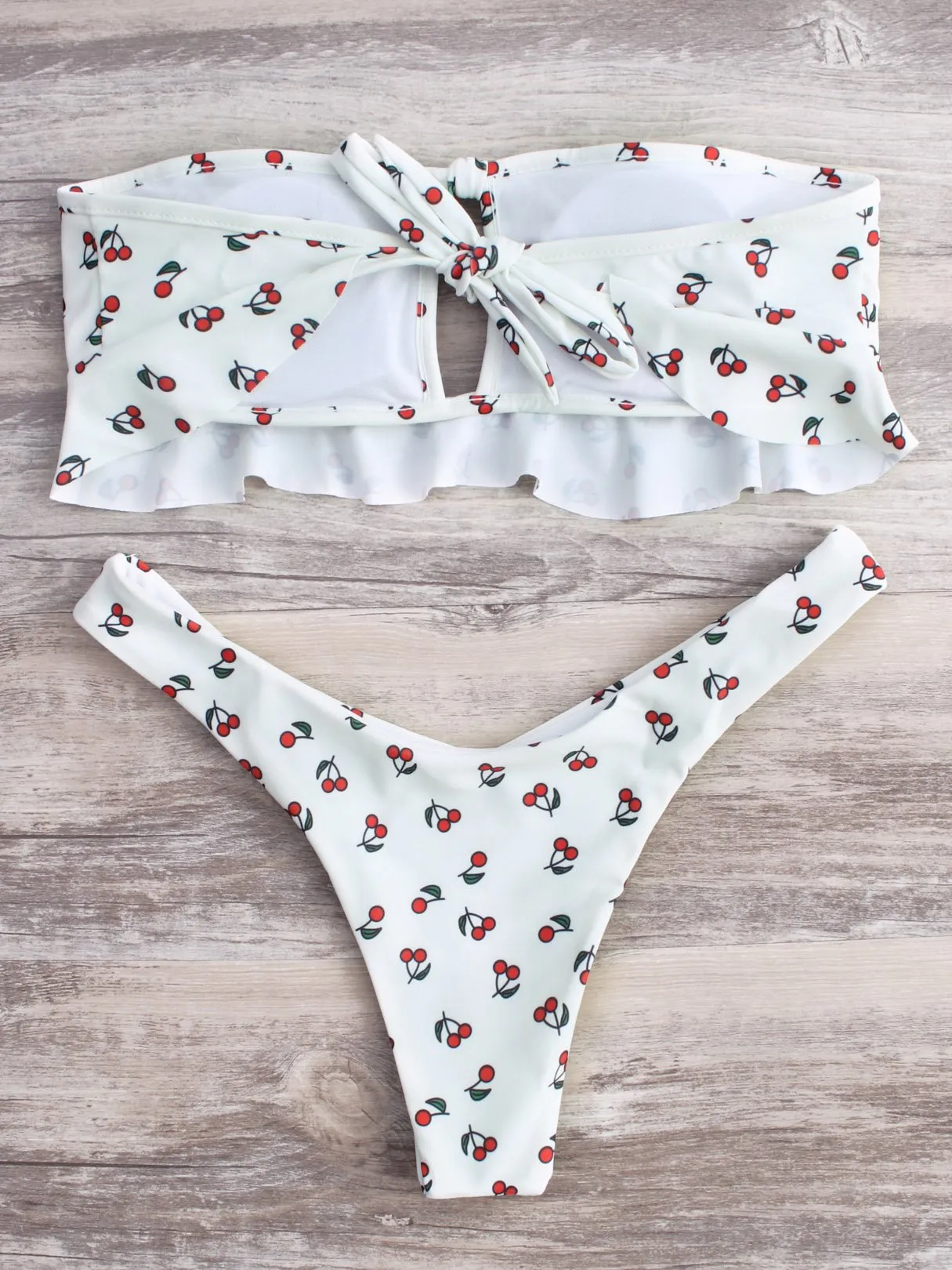 Custom Bateau Floral Print Backless Hollow Self-Tie Sleeveless White Bikini Set