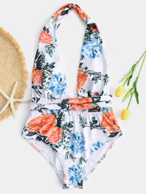 Custom Deep V Neck Floral Print Backless Criss-Cross Sleeveless White Bikinis