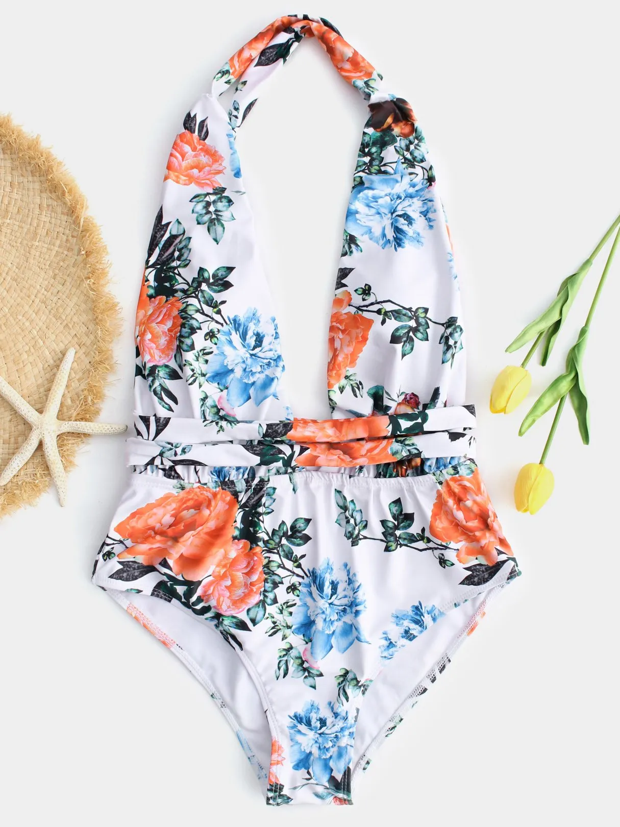 Custom Deep V Neck Floral Print Backless Criss-Cross Sleeveless White Bikinis