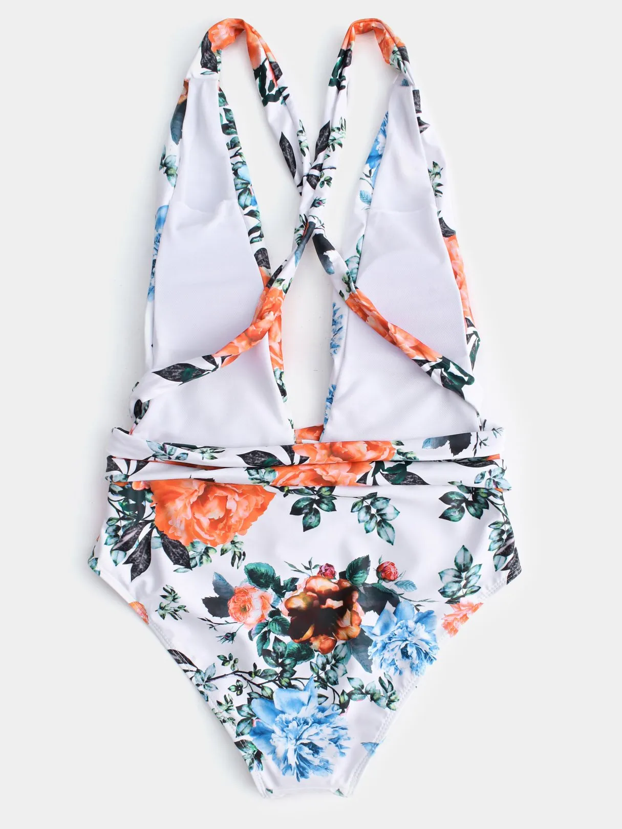 Custom Deep V Neck Floral Print Backless Criss-Cross Sleeveless White Bikinis