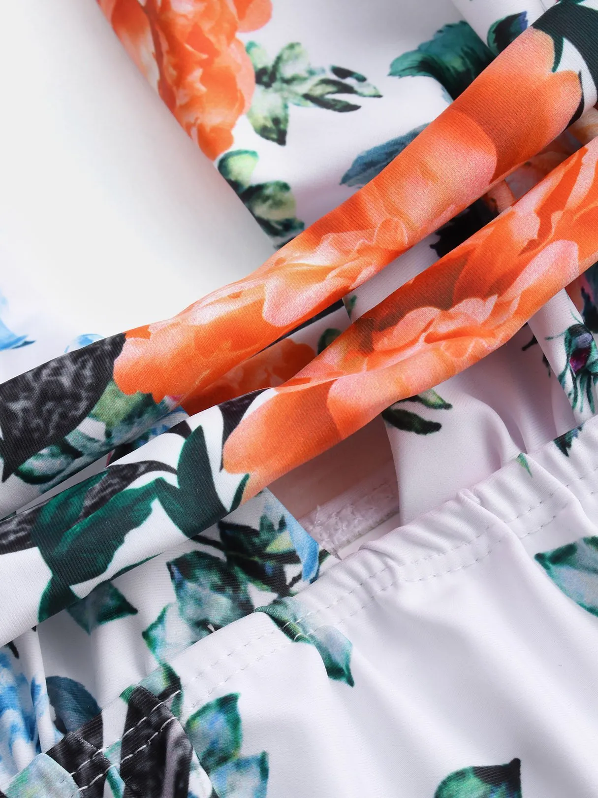 Custom Deep V Neck Floral Print Backless Criss-Cross Sleeveless White Bikinis