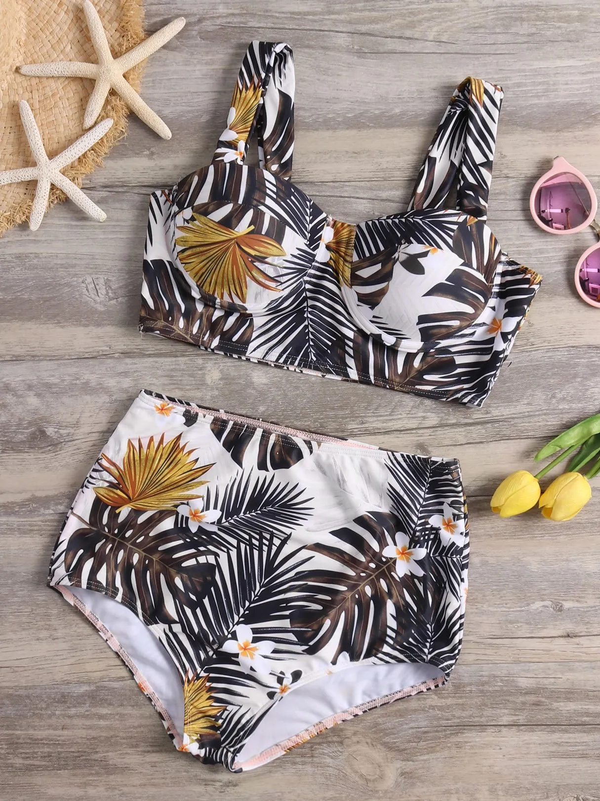 Custom Floral Print Sleeveless High-Waisted Bikini Set