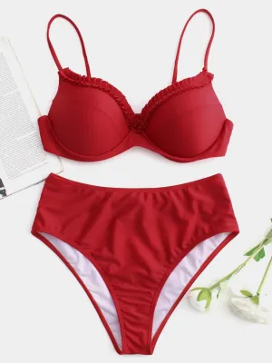 Custom Plain Ruffle Trim Sleeveless Red Bikini Set