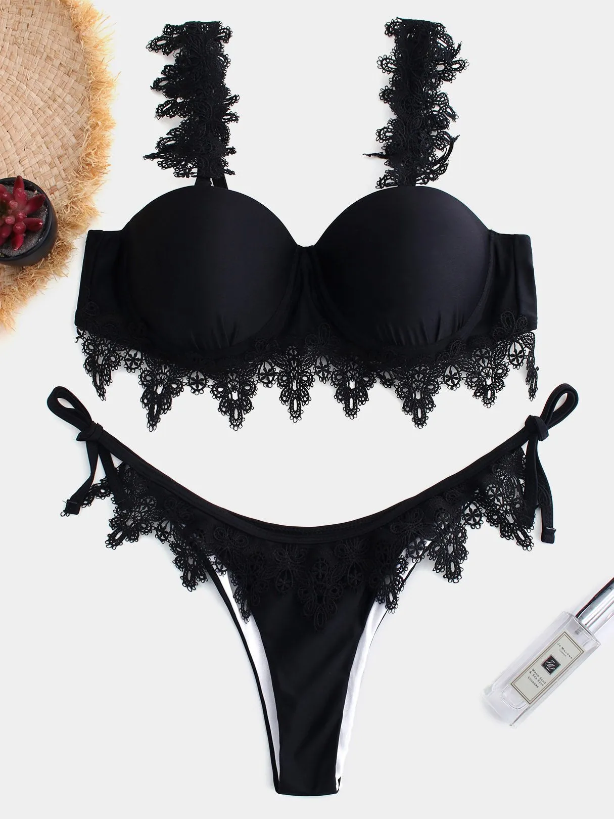 Custom Plain Self-Tie Sleeveless Black Bikini Set