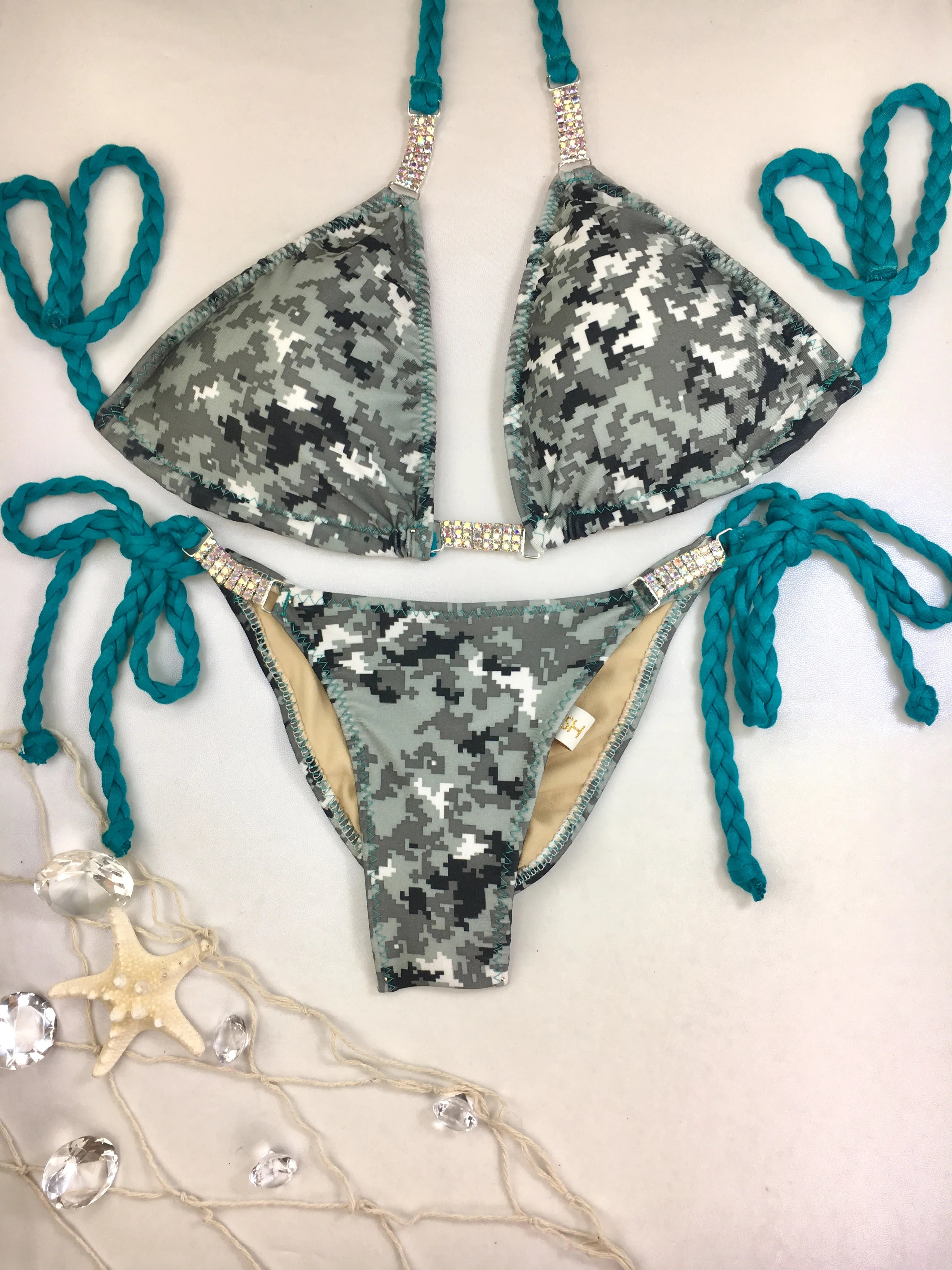 Custom Ravish Grey Camo braid tie string w/Embellishment “Limited time $89.99” orig $139.99***(SUIT SOLD PER PIECE OR SET, price varies)