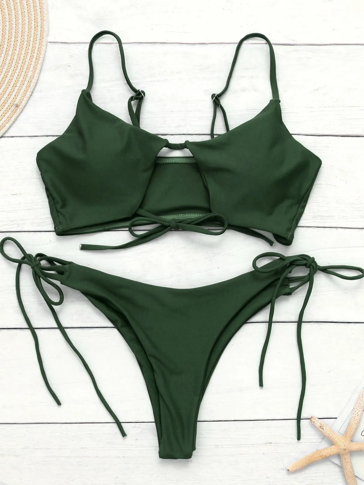 Custom Scoop Neck Plain Cut Out Tie-Up Sleeveless Bikini Set