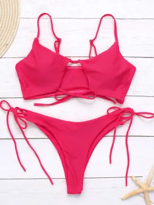 Custom Scoop Neck Plain Cut Out Tie-Up Sleeveless Bikini Set