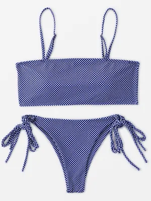 Custom Stripe Self-Tie Sleeveless Blue Bikini Set