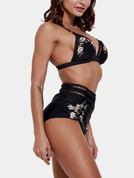 Custom V-Neck Embroidered Hollow Tie-Up Sleeveless High-Waisted Black Bikini Set