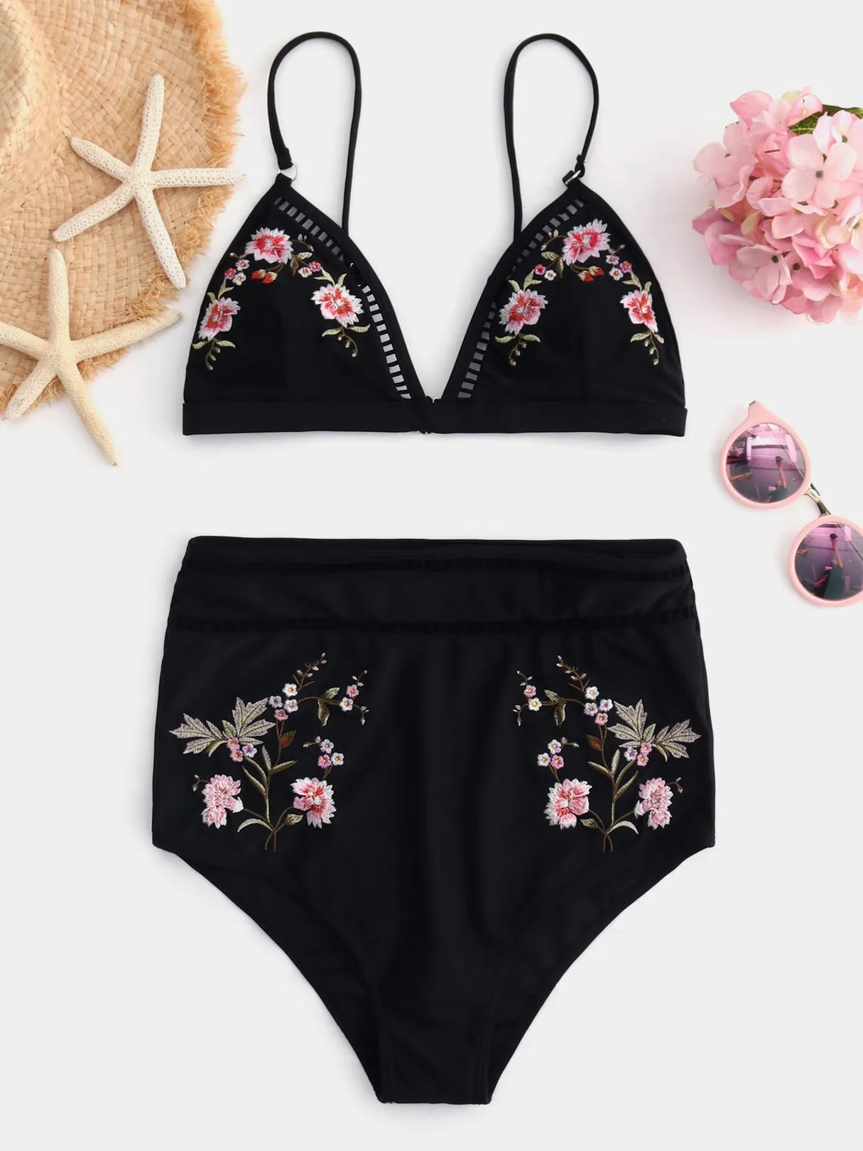 Custom V-Neck Embroidered Hollow Tie-Up Sleeveless High-Waisted Black Bikini Set