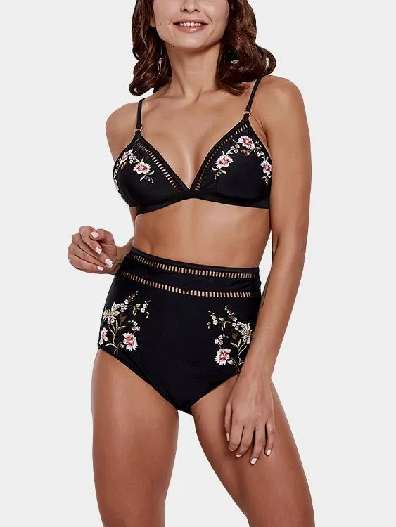 Custom V-Neck Embroidered Hollow Tie-Up Sleeveless High-Waisted Black Bikini Set
