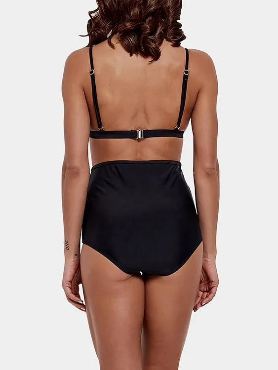 Custom V-Neck Embroidered Hollow Tie-Up Sleeveless High-Waisted Black Bikini Set
