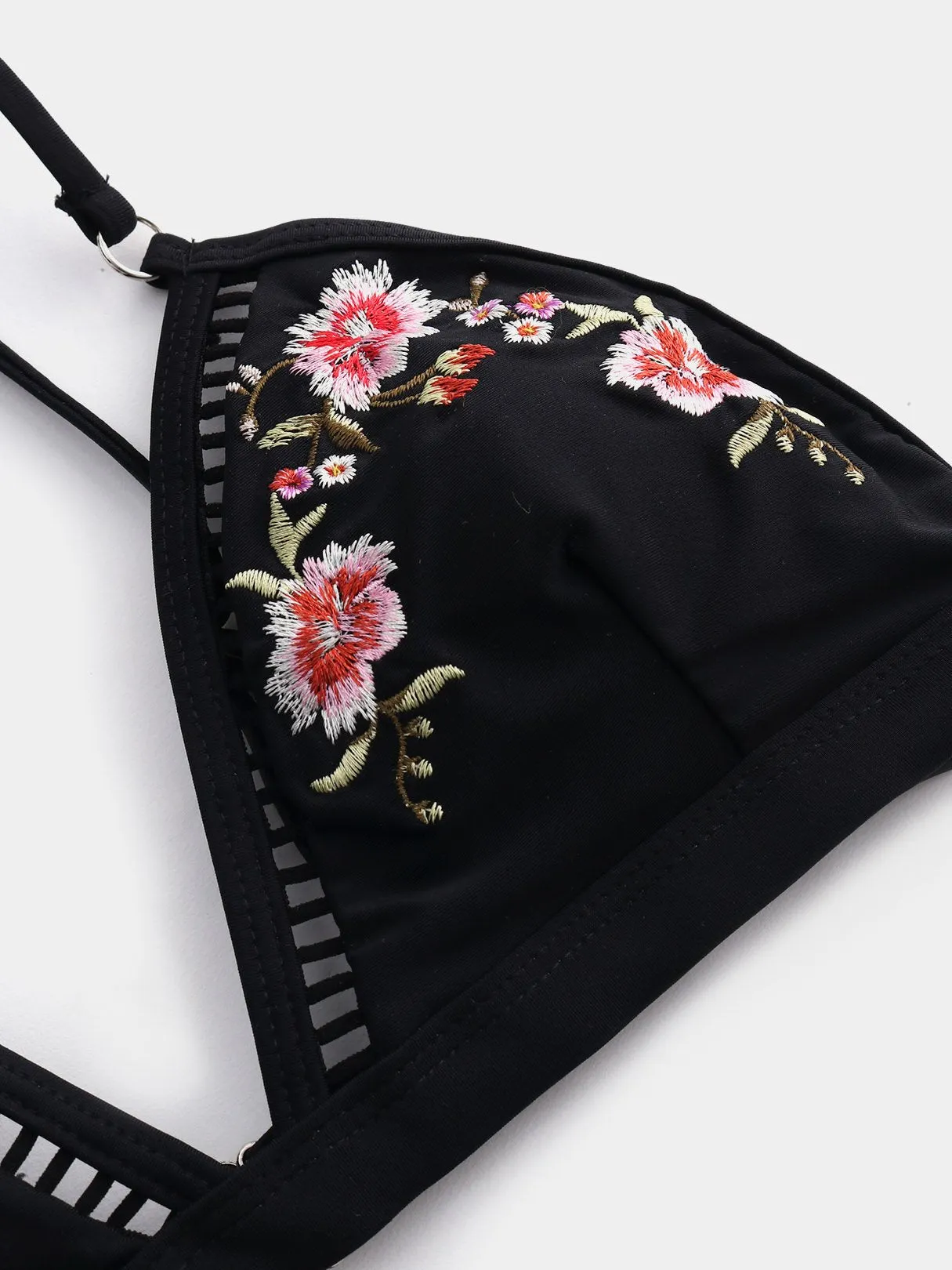 Custom V-Neck Embroidered Hollow Tie-Up Sleeveless High-Waisted Black Bikini Set