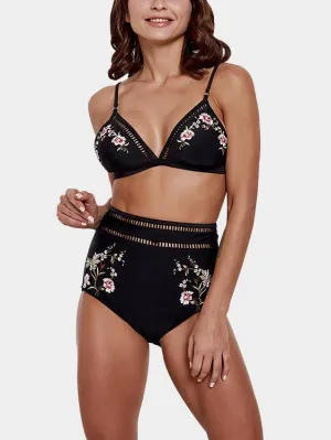 Custom V-Neck Embroidered Hollow Tie-Up Sleeveless High-Waisted Black Bikini Set