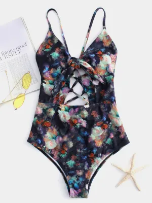 Custom V-Neck Floral Print Cut Out Criss-Cross Tie-Up Sleeveless Bikinis