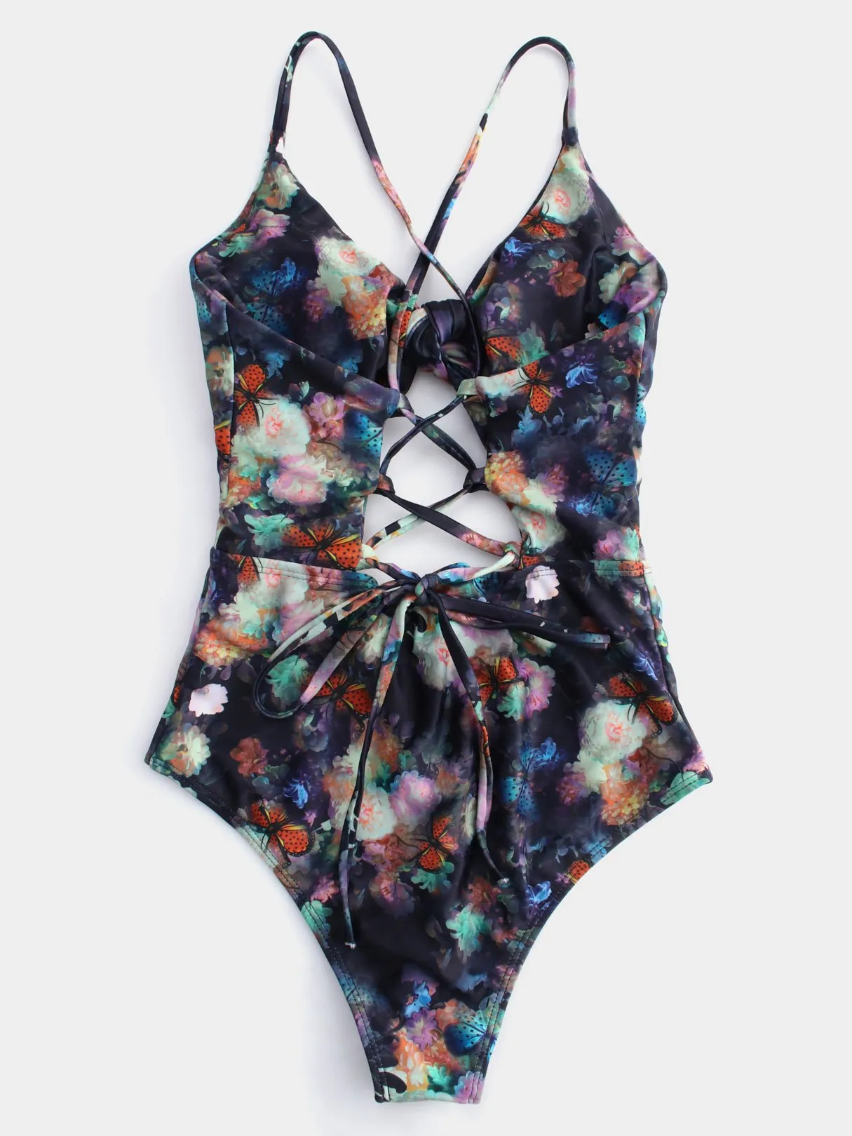 Custom V-Neck Floral Print Cut Out Criss-Cross Tie-Up Sleeveless Bikinis