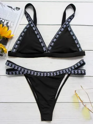 Custom V-Neck Plain Sleeveless Bodycon Hem Black Bikini Set