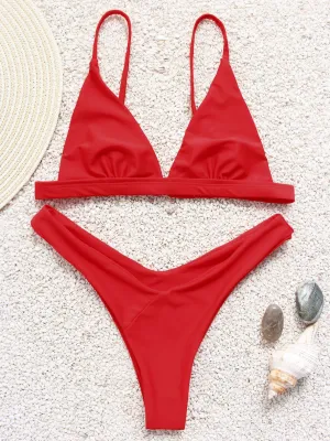 Custom V-Neck Plain Sleeveless Red Bikini Set