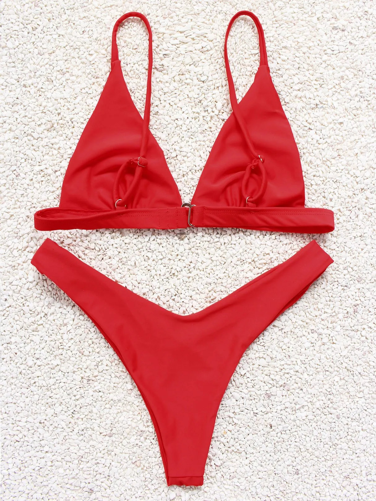 Custom V-Neck Plain Sleeveless Red Bikini Set