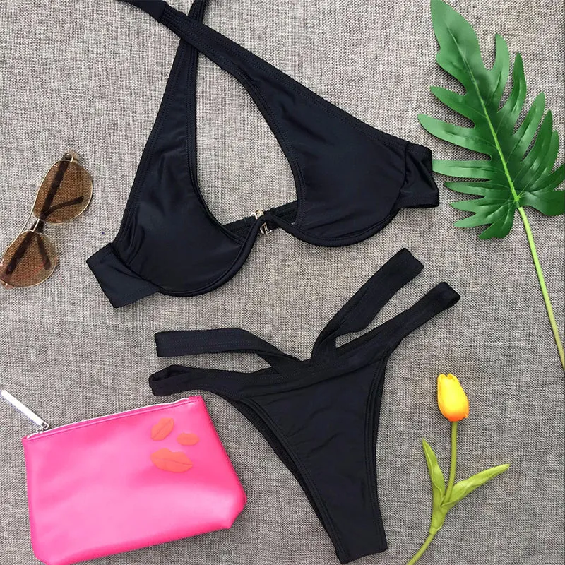 Cutout Halter Low Rise Thong Bottom Bikinis