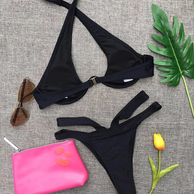 Cutout Halter Low Rise Thong Bottom Bikinis