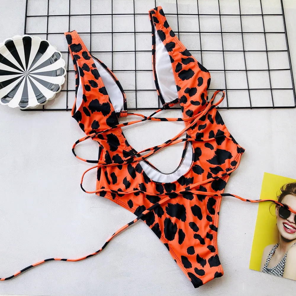 Cutout Print Strappy High Rise High Cut Swimsuit