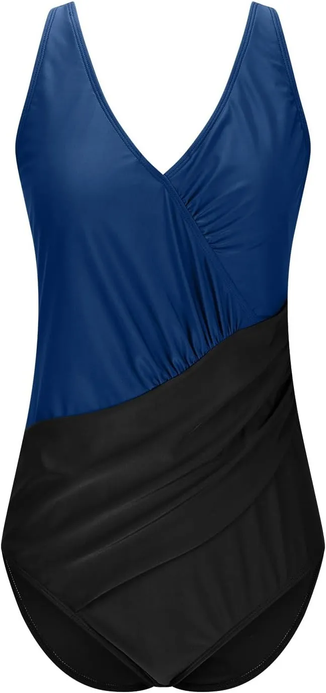 DDAPJ pyju Tummy Control Swimsuits Women Color Block Slimming One Piece Bathing Suit Backless Wrap V Neck Swimwear