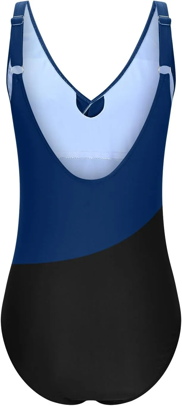 DDAPJ pyju Tummy Control Swimsuits Women Color Block Slimming One Piece Bathing Suit Backless Wrap V Neck Swimwear