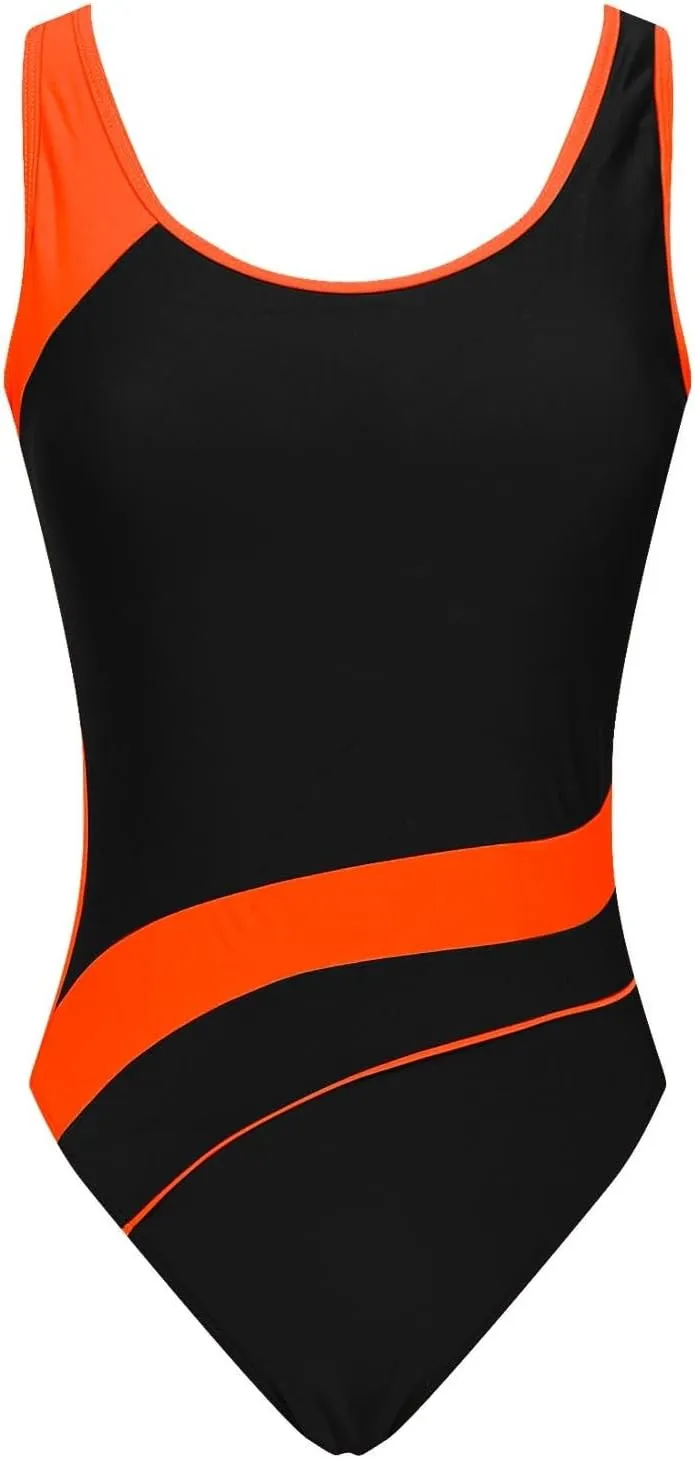 DDAPJ pyju Women's One Piece Swimsuit Color Block Tummy Control Slimming Bathing Suit Backless Athletic Monokini Swimwear