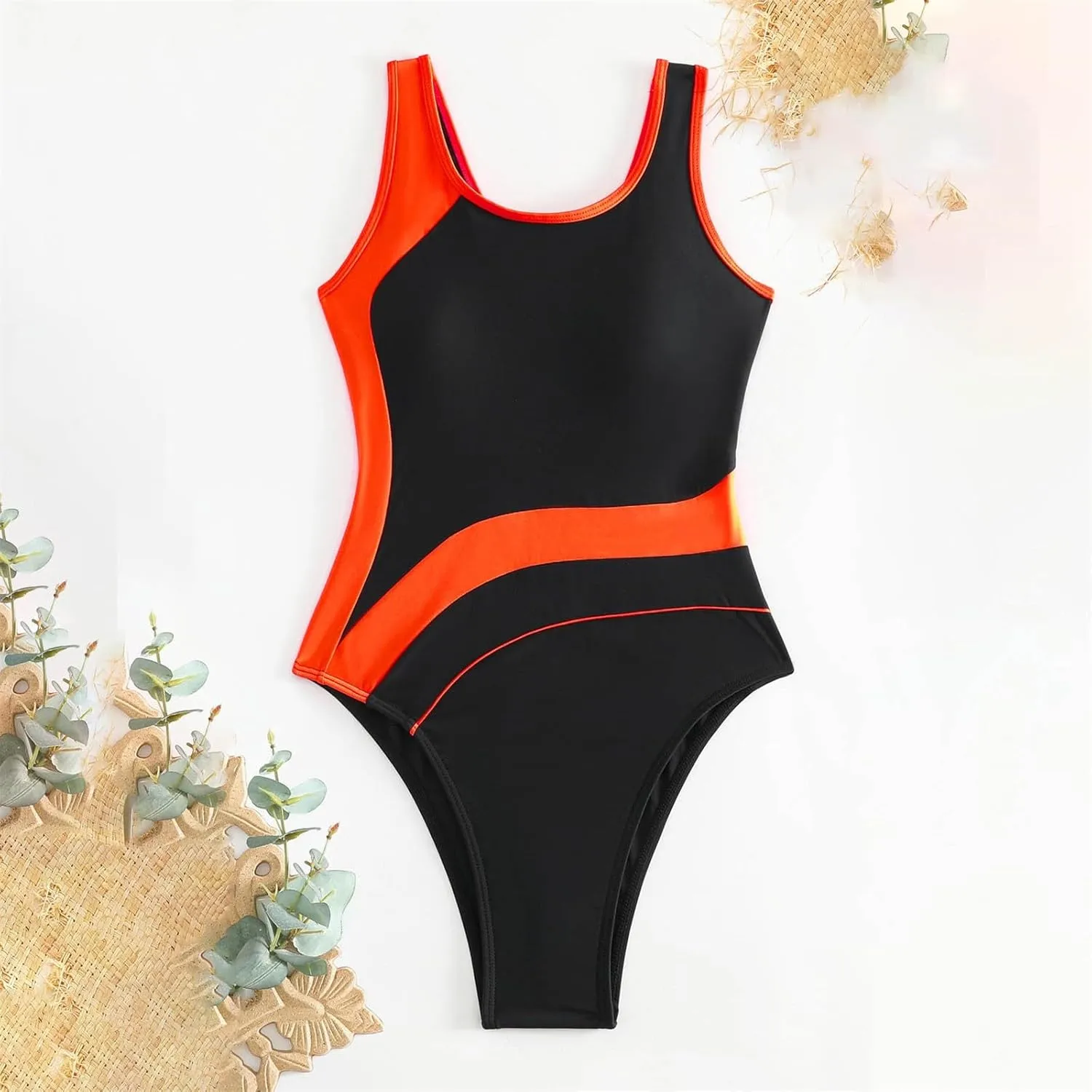 DDAPJ pyju Women's One Piece Swimsuit Color Block Tummy Control Slimming Bathing Suit Backless Athletic Monokini Swimwear