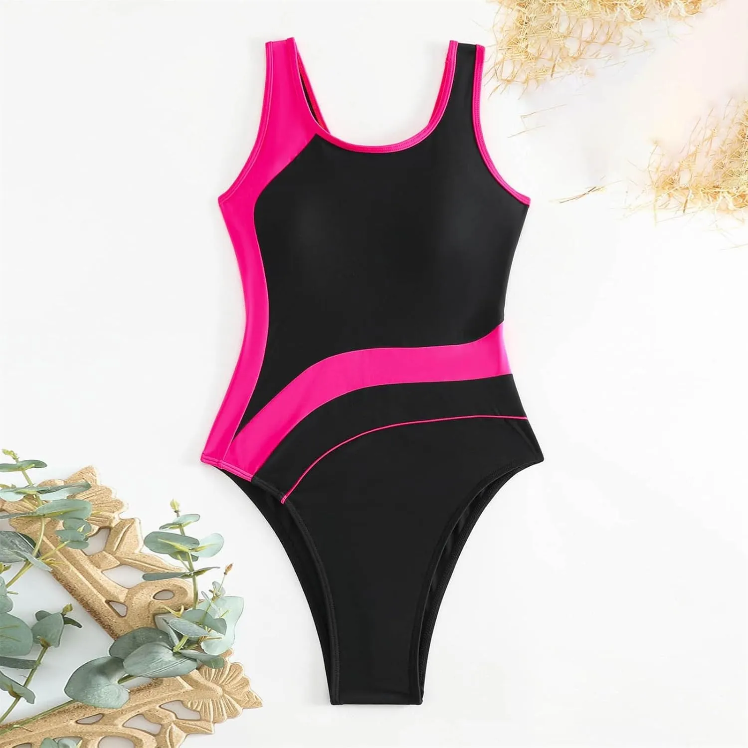 DDAPJ pyju Women's One Piece Swimsuit Color Block Tummy Control Slimming Bathing Suit Backless Athletic Monokini Swimwear