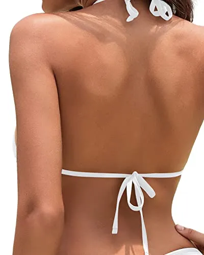 Deep V-Neck Big-Breasted Triangle Bikini Top String Bathing Suits Top-White