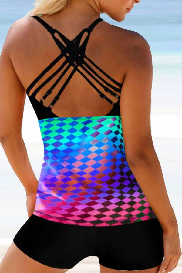 Diamond Print Gradient U Collar Sporty Tankini & Shorts