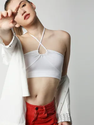 Disrupt Women White Rouched Cross Front Halter Neck Tie-Up Crop Top