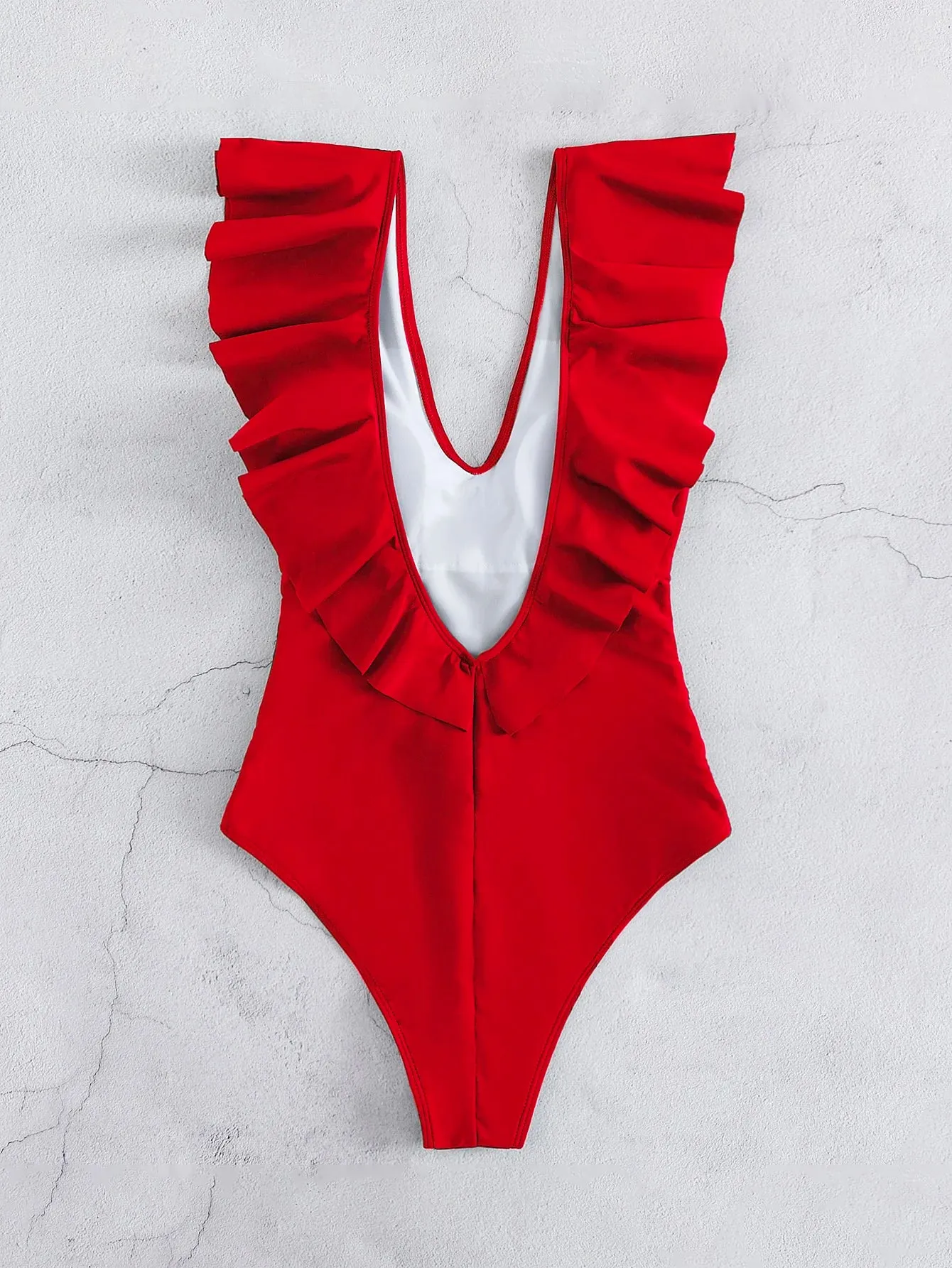 Dive-In Diva Ruffle Deep V-neck Solid Monokini