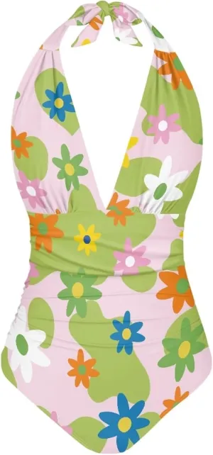 doginthehole Women Swimsuit Plus Size One Piece Bathing Suit Deep V Neck Halter Ruched Swimwear