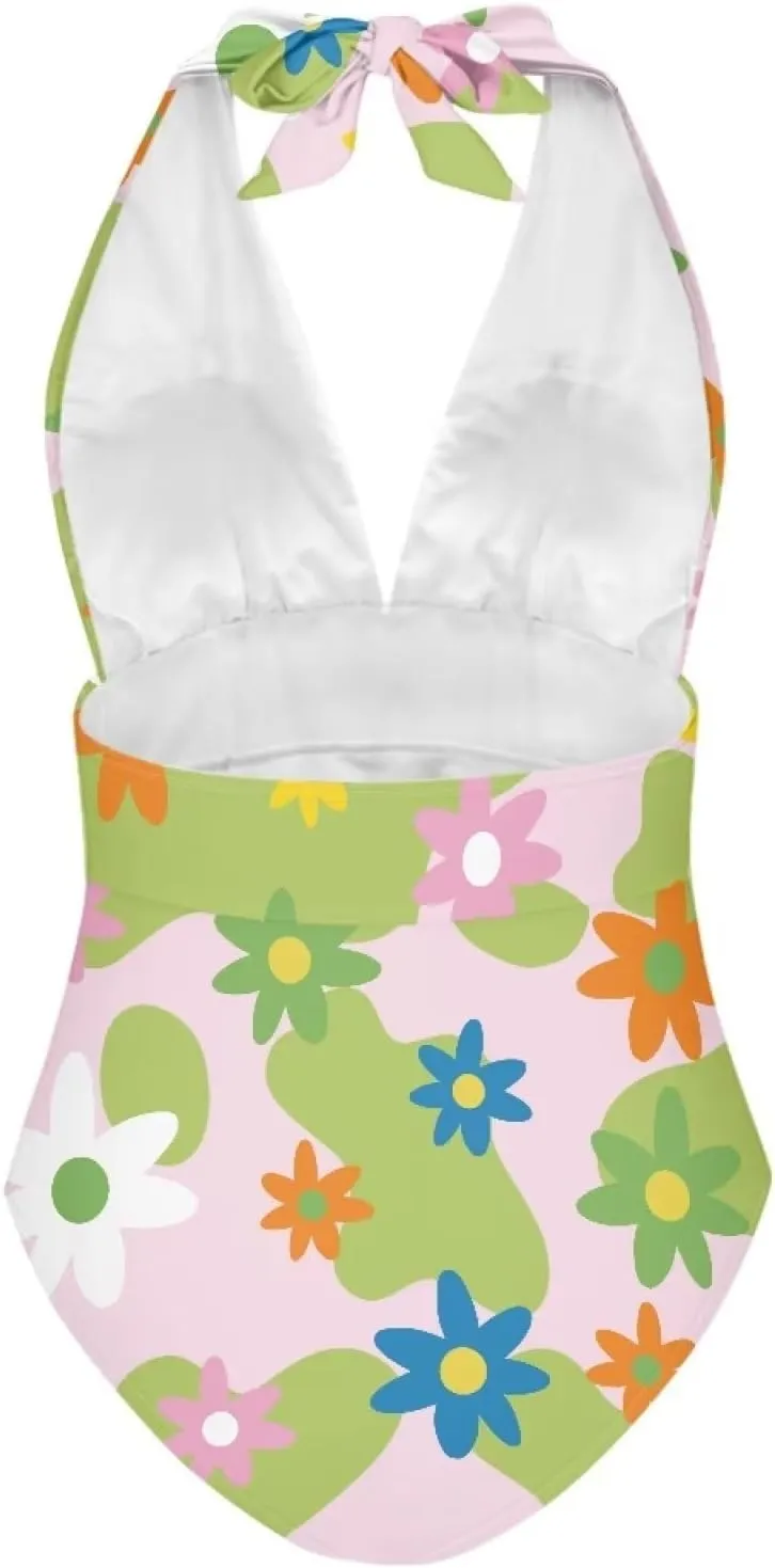 doginthehole Women Swimsuit Plus Size One Piece Bathing Suit Deep V Neck Halter Ruched Swimwear