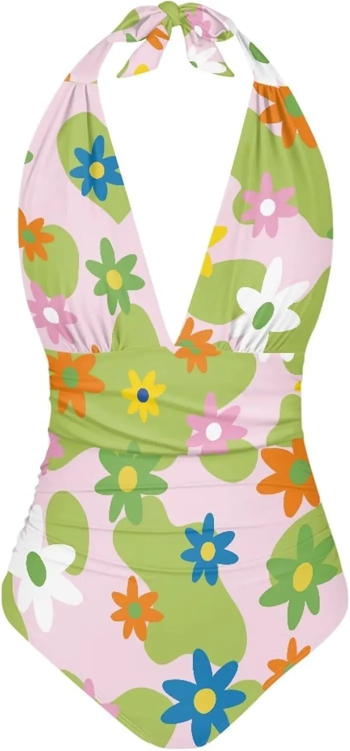 doginthehole Women Swimsuit Plus Size One Piece Bathing Suit Deep V Neck Halter Ruched Swimwear