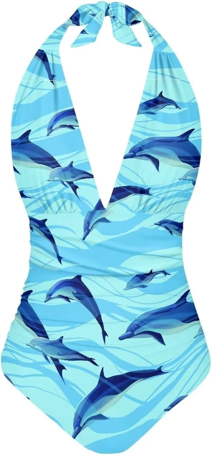doginthehole Women Swimsuit Plus Size One Piece Bathing Suit Deep V Neck Halter Ruched Swimwear