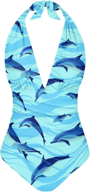 doginthehole Women Swimsuit Plus Size One Piece Bathing Suit Deep V Neck Halter Ruched Swimwear