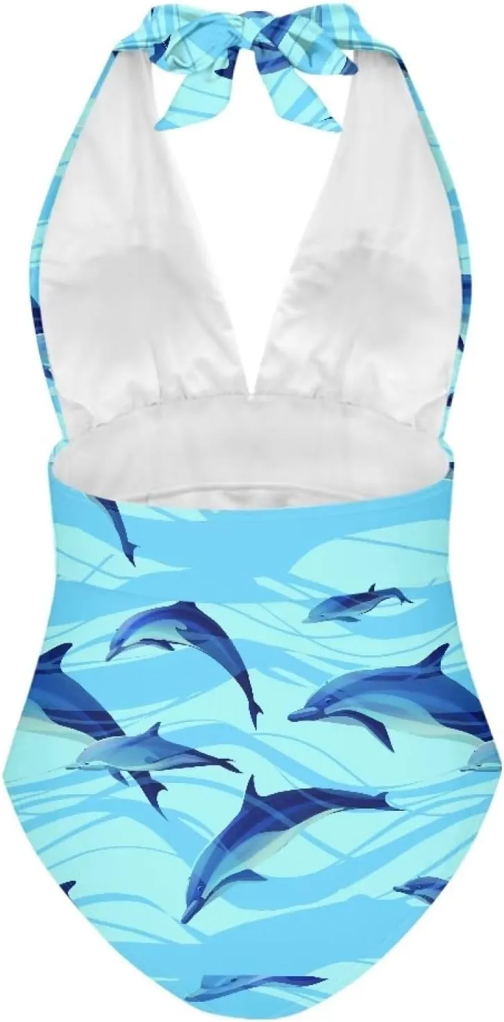 doginthehole Women Swimsuit Plus Size One Piece Bathing Suit Deep V Neck Halter Ruched Swimwear