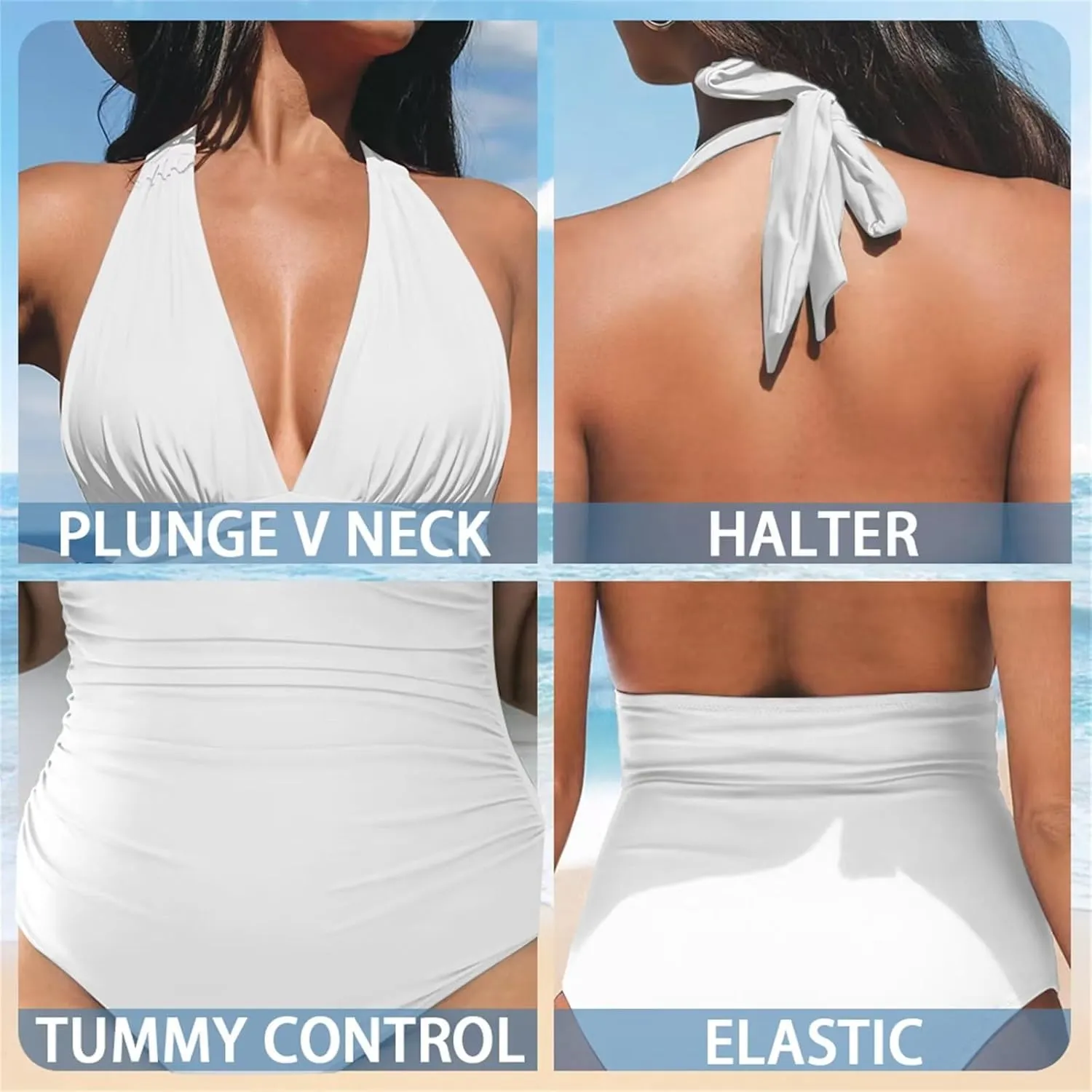 doginthehole Women Swimsuit Plus Size One Piece Bathing Suit Deep V Neck Halter Ruched Swimwear