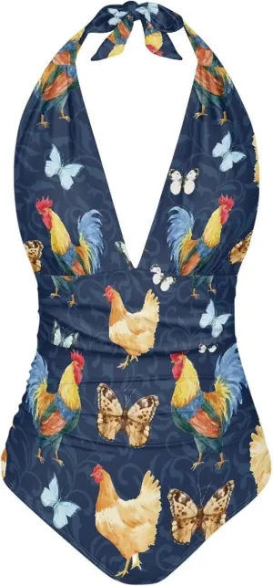 doginthehole Women Swimsuit Plus Size One Piece Bathing Suit Deep V Neck Halter Ruched Swimwear
