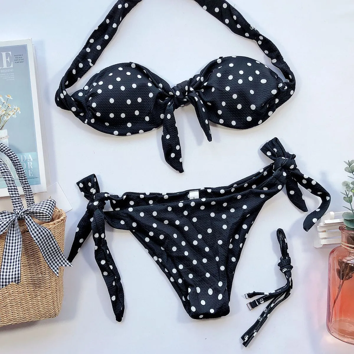 Dot Bright Color Mid Rise Thong Bottom Tube Bikinis