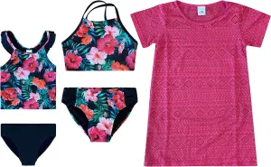 Dreamwave 4 Piece Swimsuit Set: Coverup Bikini Top Tankini Top Bottom Green Floral