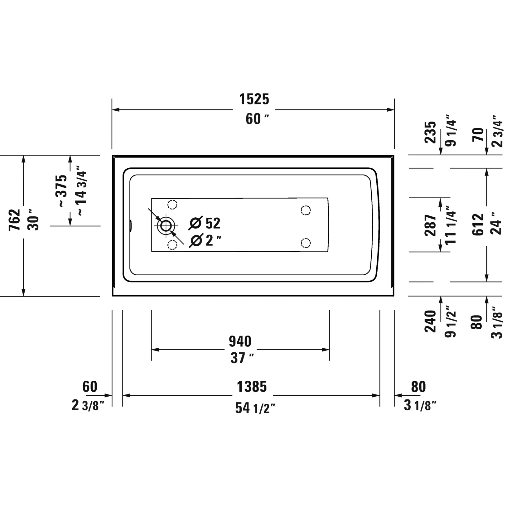 Duravit ADA Bathtub With Tile Flange And Apron 60x30, LH, White (18") 700441000000090