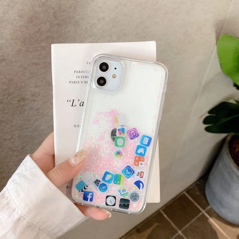 Dynamic Quicksand Cover For iPhone 11 12 Pro Max Liquid Hard Phone Shell For iPhone 6 7 8 Plus X XR XS Cute apps icon Case Capa